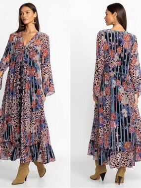 Johnny Was Ontar Beesley Floral Animal Print Velvet V-Neck Dress Size XXS